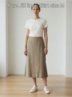 Pure Jill 100% Linen Midi Skirt with Elastic Waist & Side Slits Size M